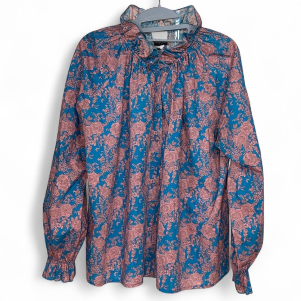 Cynthia Rowley 🆕 Cinched Sleeve Ruffle Neck Balloon Sleeve Blouse Sz Lg NWOT